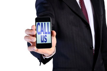 business man showing phone