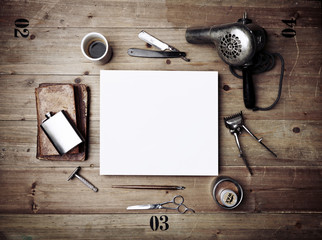 Set of vintage tools of barber shop and blank poster