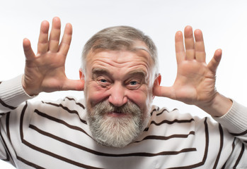 Old man with a beard covering his earsr white background