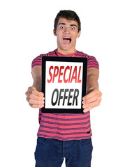 man showing special offer
