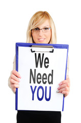 woman showing clipboard