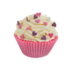 Isolated cup cake decorated with colorful hearts