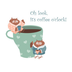 Fototapeta premium Cute owl with coffee mug