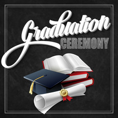 Graduation Ceremony. Book, hat and certificate. Vector