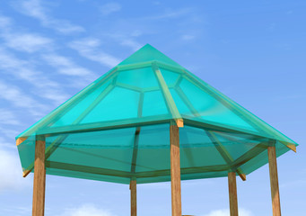 Wooden gazebo is on the sky background.