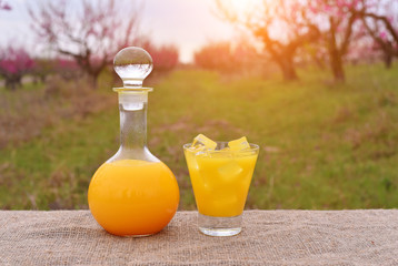 Bottle and glass with orange juice, ice cubes in glass, table, flax texture, peach tree garden