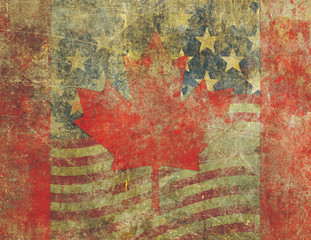 Grunge American and Canadian Flag Design Severly Faded and Damag