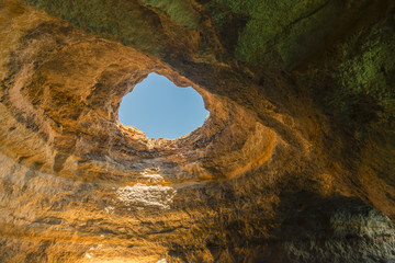 Inside the cave on the coast of the Algarve in Portugal.