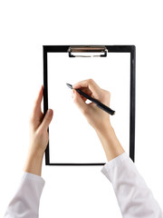 Female hand holding a pen and clipboard with blank paper (docume