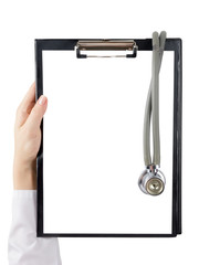 Female doctor's hand holding medical clipboard with blank sheet