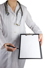 Female Doctor's hand holding a pen and clipboard with blank pape