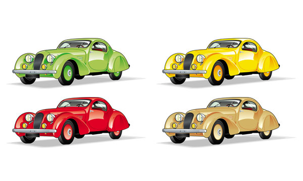 Four different colored vintage cars