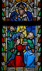 Fototapeta na wymiar Stained Glass window depicting the Bible verse Deuteronomium 8:1