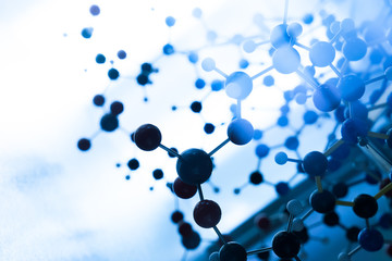 Molecular, DNA and atom model in science research lab