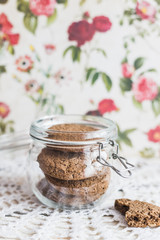 Rustic home made cookies on the wooden background with milk