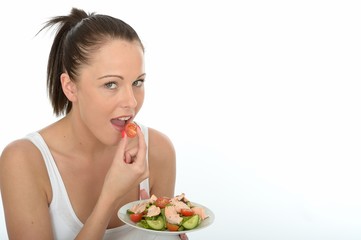 Healthy Young Woman Holding a Plate of Salmon Salad