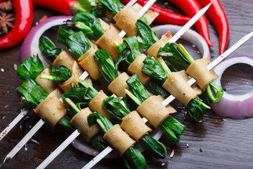 Grilled leeks, Roasted Vegetable and tofu skin