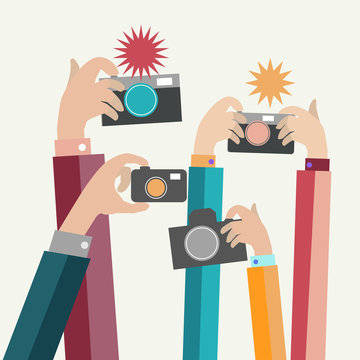 Modern flat photographers hands with devices take photo