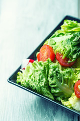 Fresh lettuce salad with cherry tomatoes  radish and carafe with