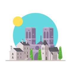 Flat design of Notre Dame France with village