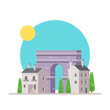 Flat design of Arc de Triomphe France with village