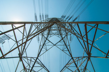 Under view high voltage transmission lines.