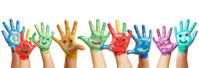 Foto op Plexiglas Kleuterschool Panorama vanuit vele kleurrijke kinderhanden