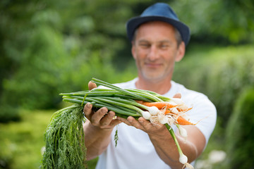 Mann mit Möhren und Lauchzwiebeln