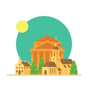 Flat design of Pantheon Italy with village