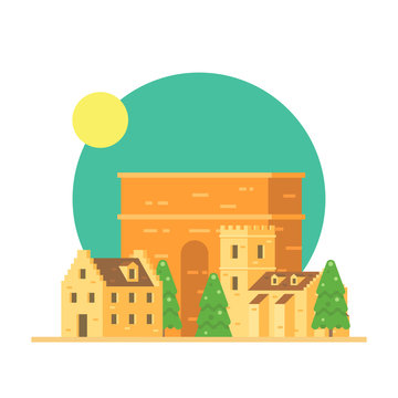Flat design of Trajan's arch Italy with village