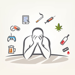 addict man and set of addiction symbols, outlined vector sketch - 81802435
