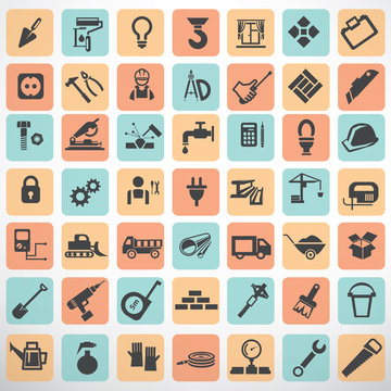 big set of work tools and construction icons and symbols