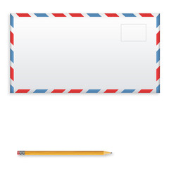 Post envelope and yellow pencil isolated on white background.