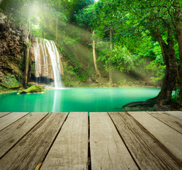 Fototapeta premium Blue stream waterfall in Kanjanaburi Thailand (Erawan waterfall