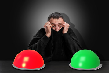 Scared man chooses right button