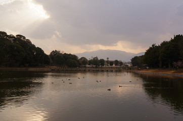 Morning sun scene on fukada lake,Nara,Japan.