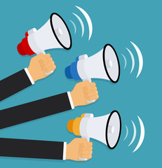 Hands holding a megaphones. Vector illustration