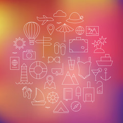 Thin Summer Holiday Line Travel Icons Set Circle Shaped