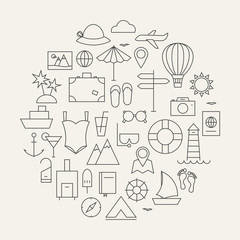 Summer Holiday Line Travel Icons Set Circular Shaped