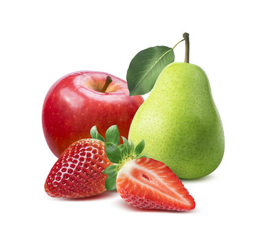 Strawberry, red apple, green pear composition isolated on white
