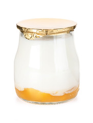Yogurt with peach jam isolated on white background