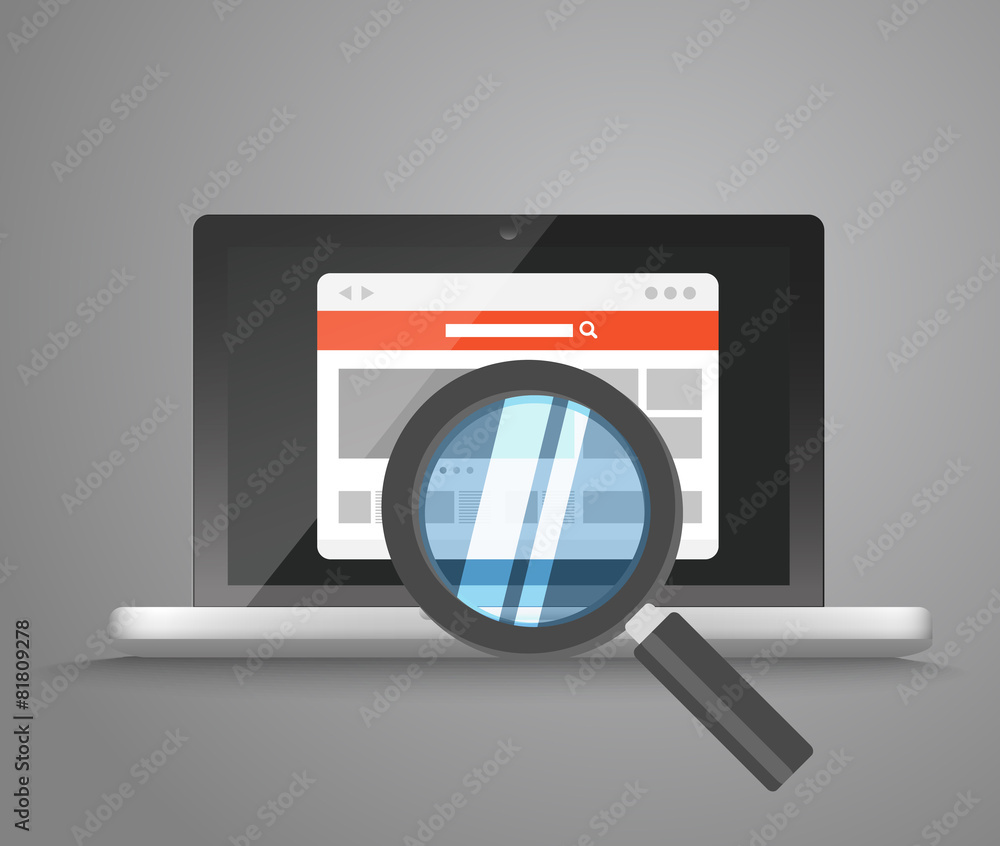 Aufkleber modern laptop with magnifier searching information on website. v