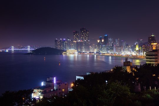 Night view over Busan city, South Korea.