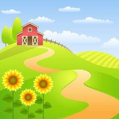 Farm landscapes with red barn and sunflowers