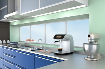 Modern kitchen interior with stylish coffee maker, food mixer.