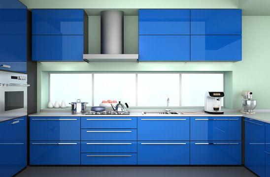 Front view of modern kitchen interior with blue color theme.
