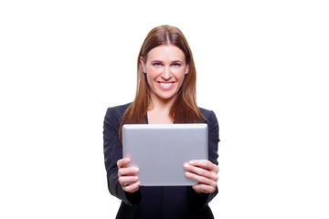 Naklejka premium beautiful young sexy business woman with ipad