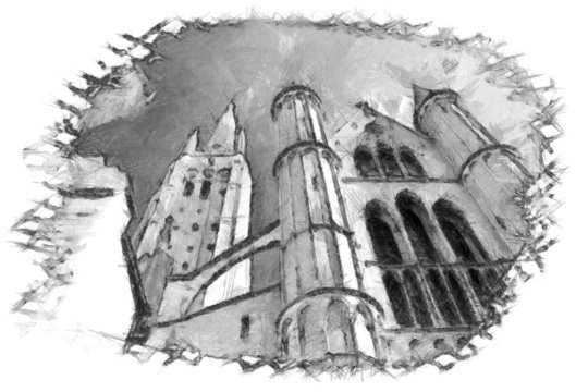 Brugge church architecture sketch pencil drawing