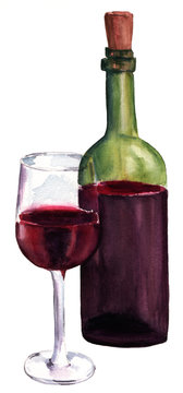 A watercolor drawing of a glass and a bottle of red wine
