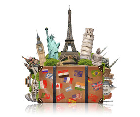 illustration of a suitcase full of famous monument